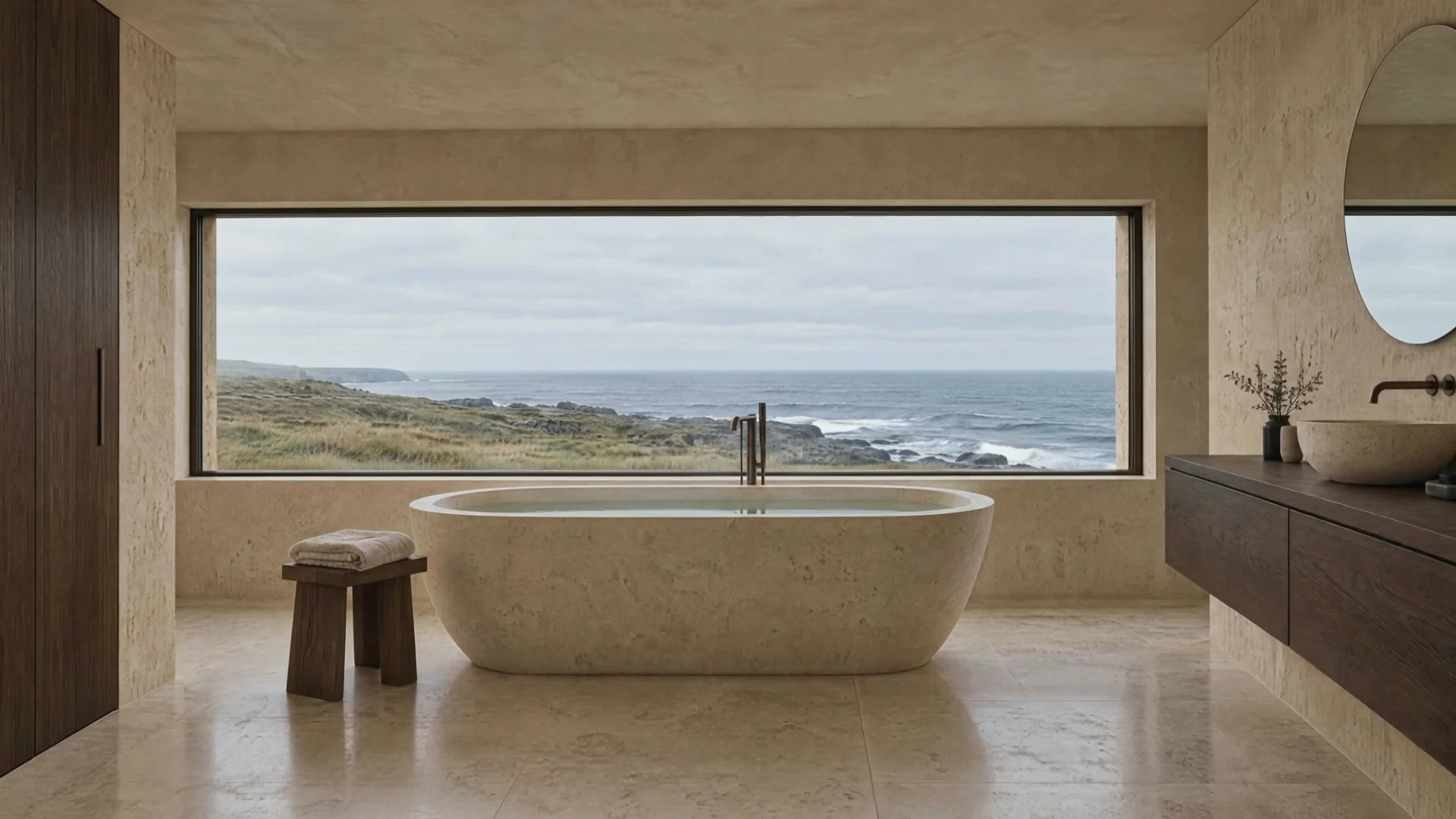 The concept bathroom in the horizontal format: stone bath under a wide sea window.